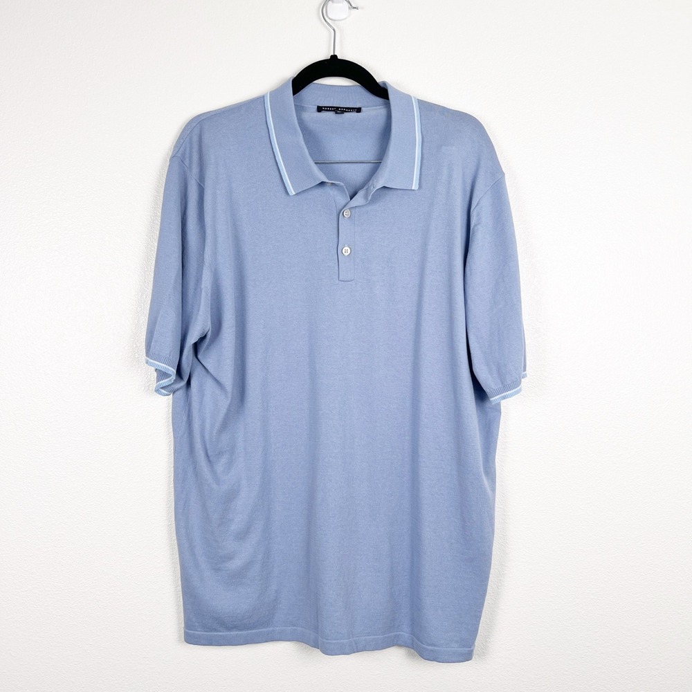 Robert Barakett Mens‎ Blue Cotton Silk Linen Short Sleeve Polo Shirt XXL